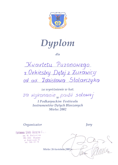 Dyplom dla Kwartetu Puzonowego z Orkiestry D�tej z �urawicy - Kliknij, aby zamkn��...